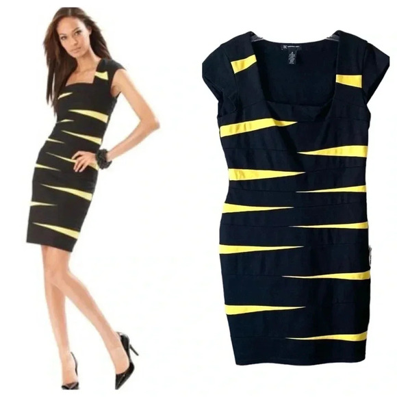 INC INTERNATIONAL CONCEPTS | Black and Yellow Stripes Bandage Midi Dress Size 12 - Picture 1 of 4